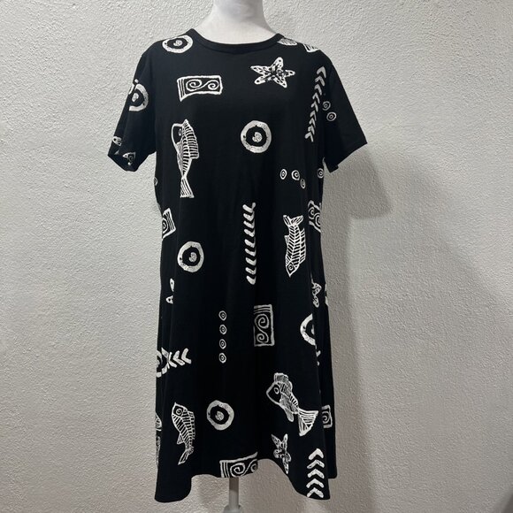 Kisses Hugs Black Knit Shirt Dress Size L Short Slvs. Fish Sea Nautical Pattern - Picture 2 of 10